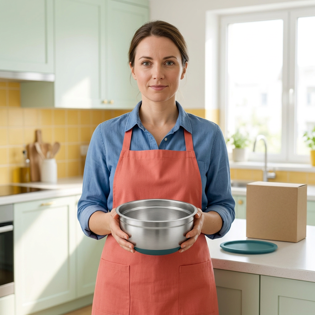 Adult female model holding one empty bowl from the proposed mixing bowl set