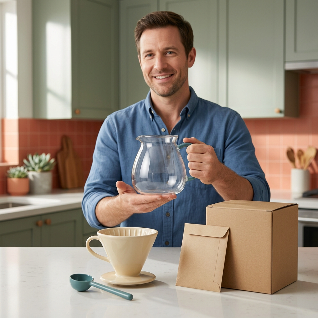 Adult male model presenting an empty unheated teal-handle server with other concept components on counter