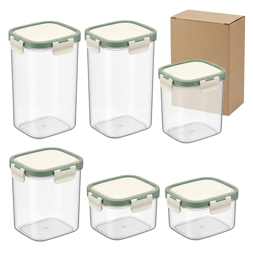 Six-piece container concept on white background, two tall two medium and two short