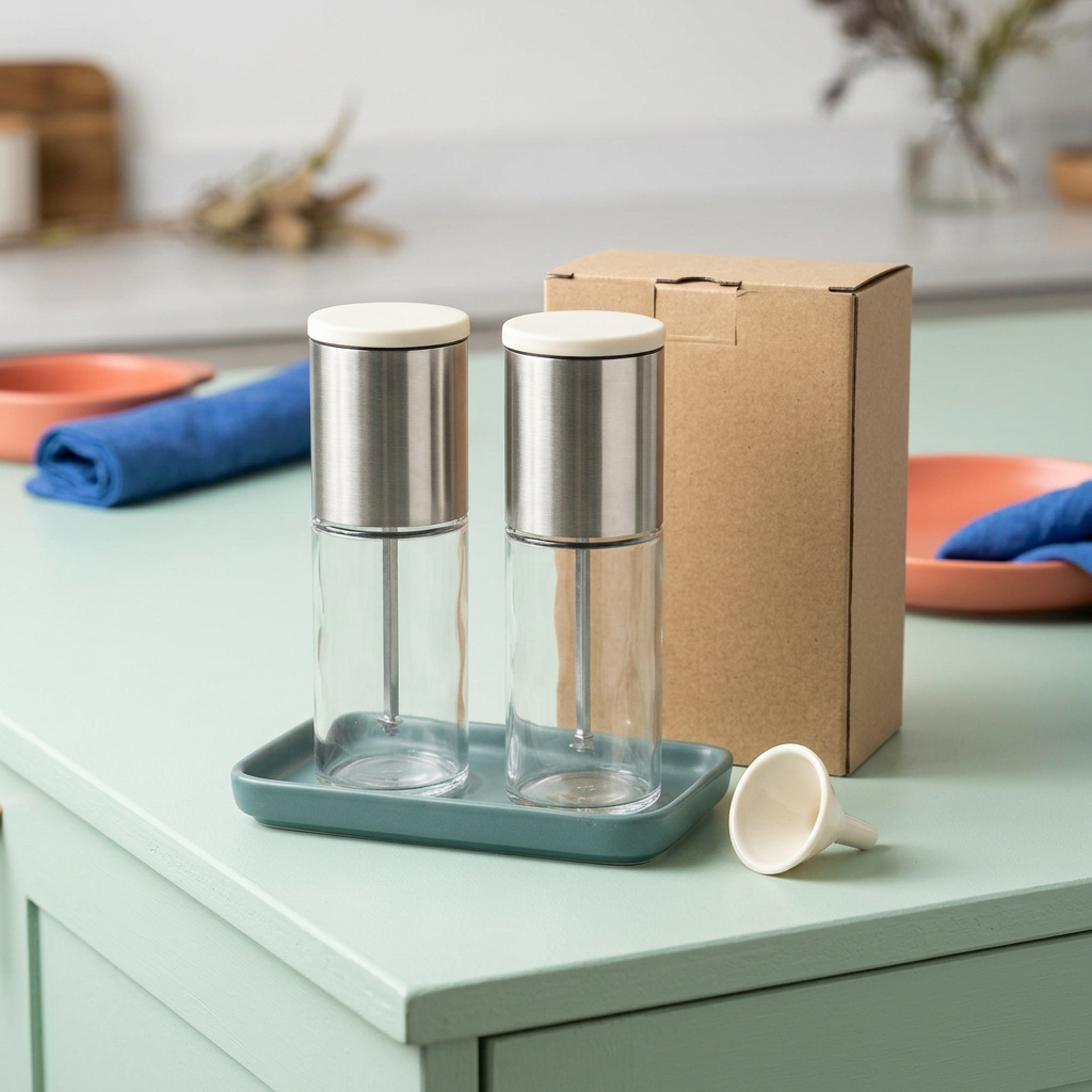 Grinder pair concept with teal tray and ivory funnel on a mint kitchen island