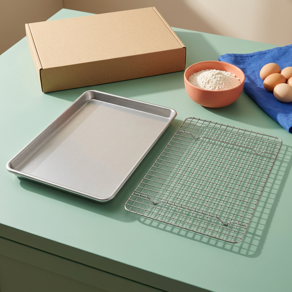Empty baking pan and wire rack concept on a mint counter beside separate baking ingredient props