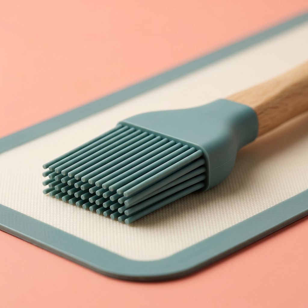 Concept close-up of teal pastry-brush bristles and pale wood-look handle