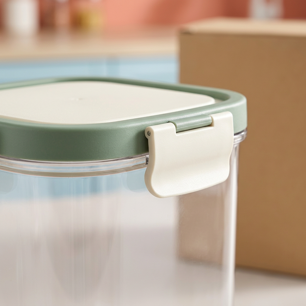 Close-up of ivory lid clip and sage green container rim