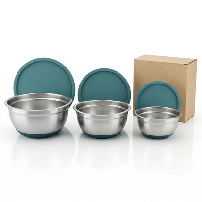 Three-bowl and three-lid concept on white background with unbranded kraft packaging
