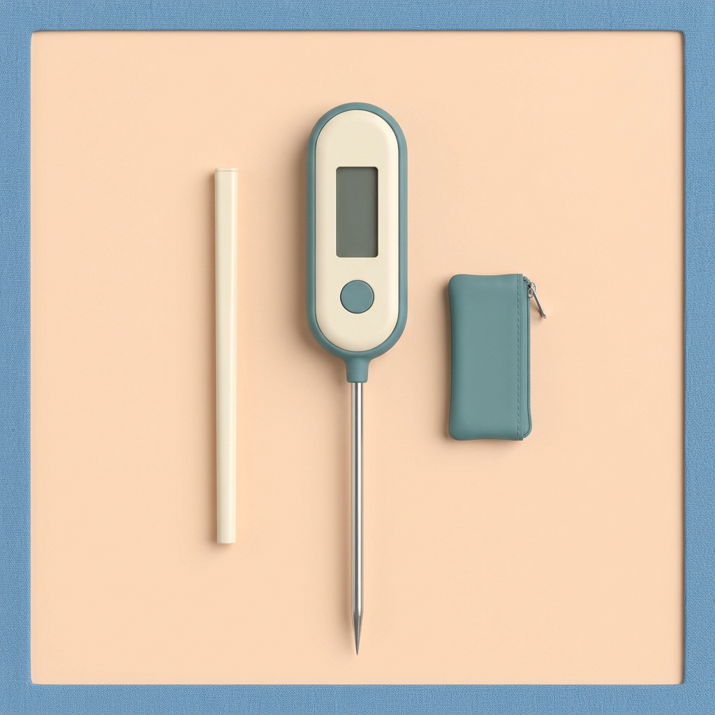 Overhead concept layout of one straight-probe thermometer, separate ivory sleeve and closed teal pouch