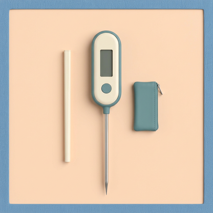 Overhead concept layout of one straight-probe thermometer, separate ivory sleeve and closed teal pouch