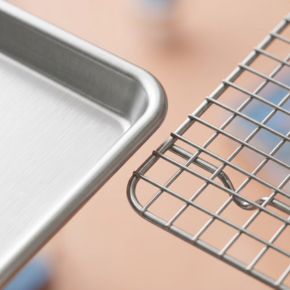 Concept close-up of rolled pan corner and wire-rack grid with short support