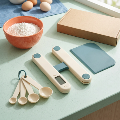 Kitchen scale concept set at rest beside separate baking ingredients on a mint counter