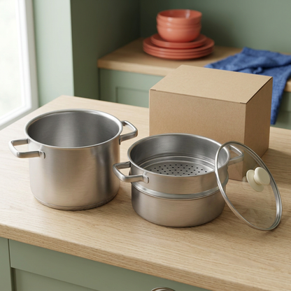 Silver-tone steamer cookware concept set on a wood kitchen island with unbranded carton