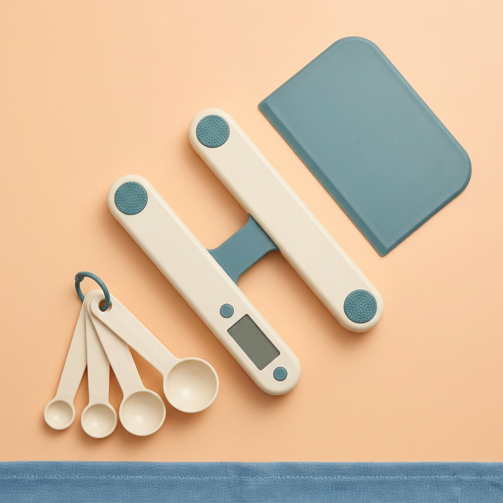 Overhead concept layout of open twin-rail scale, four connected spoons and rectangular scraper