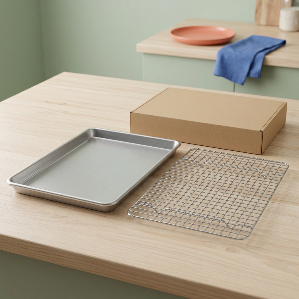 Silver-tone pan and rack concept set on a wood kitchen island with unbranded packaging