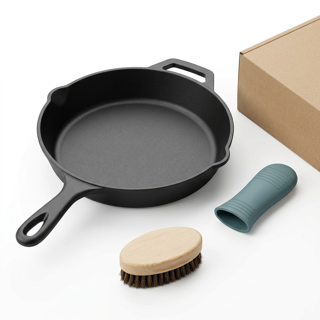 White-background skillet concept with long handle, helper loop, separate sleeve and cleaning brush