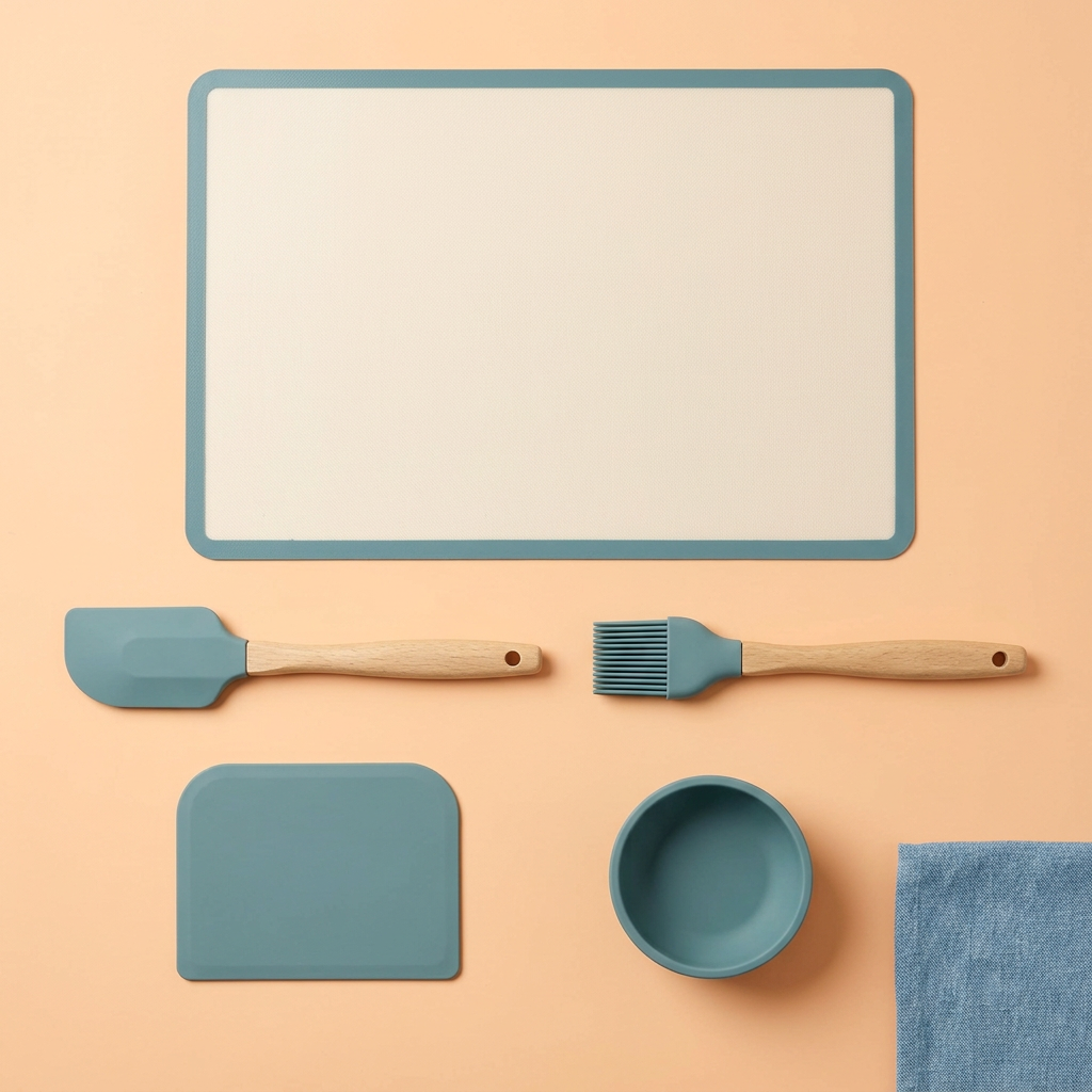 Overhead concept layout showing all five baking accessories separately