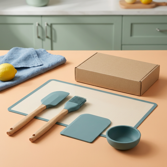 AI-generated five-piece baking concept set with ivory teal-bordered mat, spatula, brush, scraper and small bowl