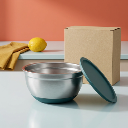Individual mixing bowl and teal lid in a colorful kitchen preparation scene