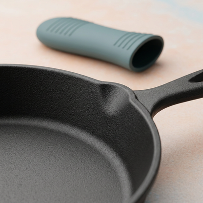 Concept close-up of textured pan interior, shaped rim and handle junction