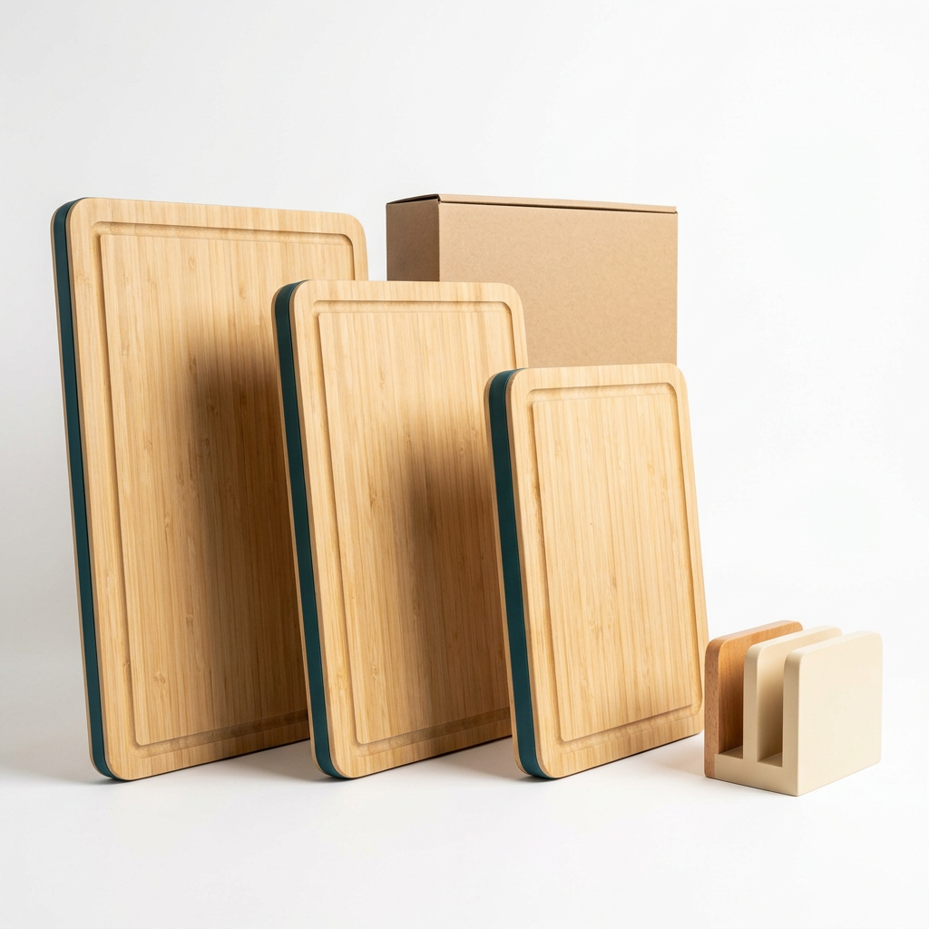 White-background concept of three cutting boards and coordinating storage stand