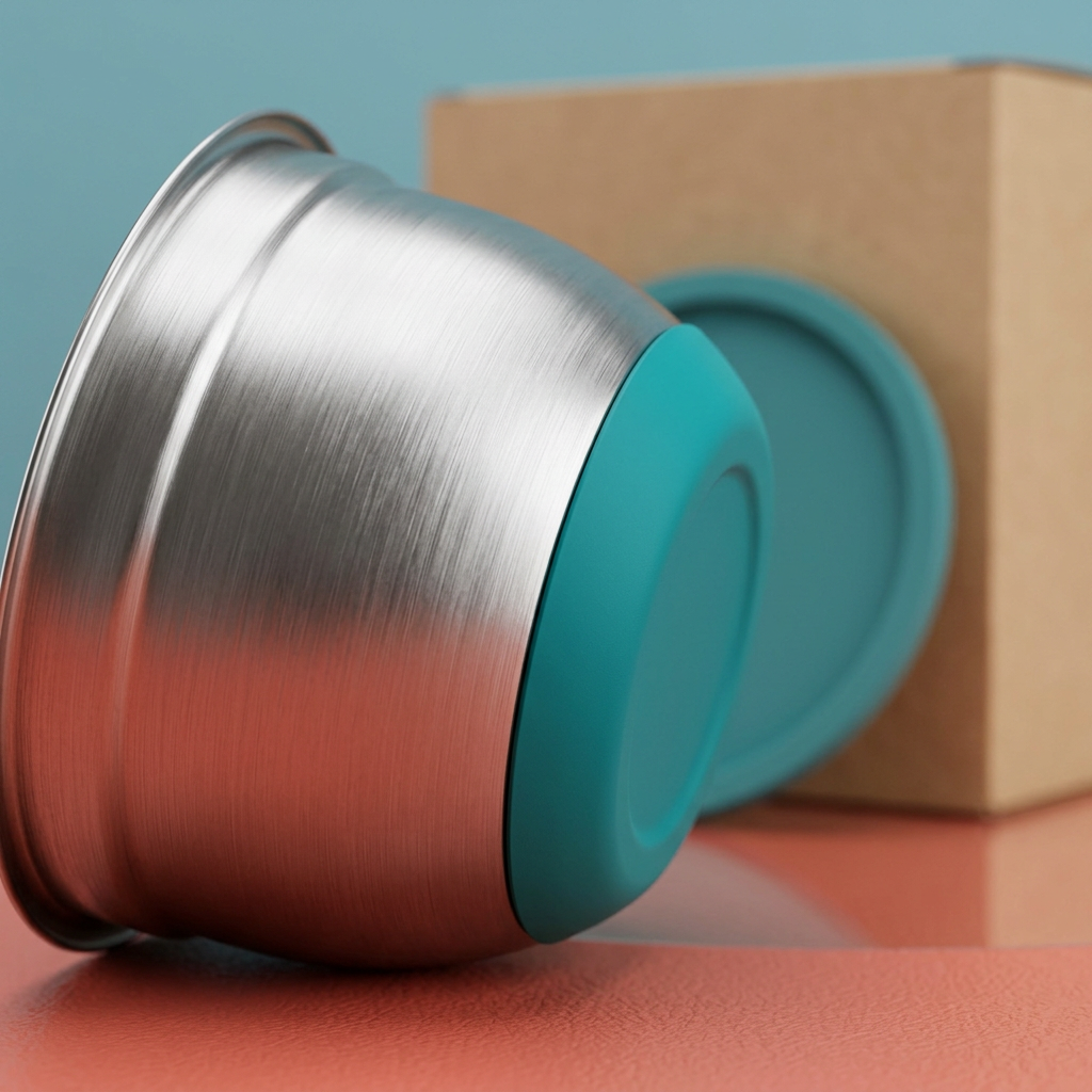 Concept close-up of silver-tone bowl wall and teal base connection