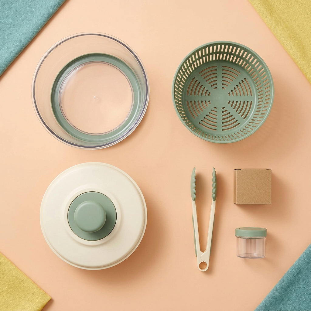Overhead concept layout showing outer bowl, slotted basket, pump-style lid, tongs and dressing cup