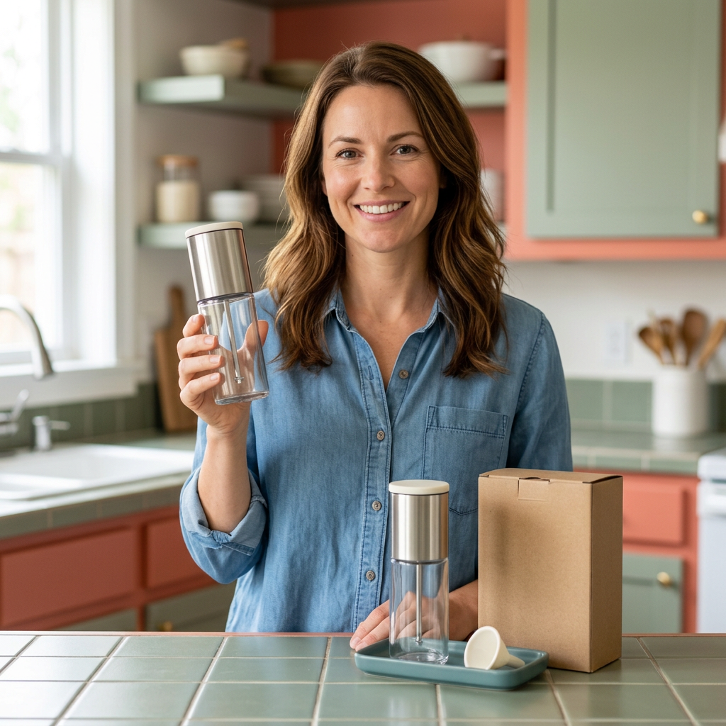 Adult female model presenting one empty grinder with the second grinder on its tray