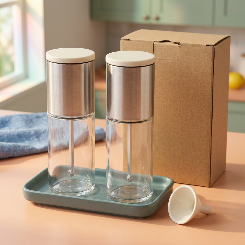 AI-generated concept of two empty grinders on a teal tray with ivory funnel and unbranded kraft carton