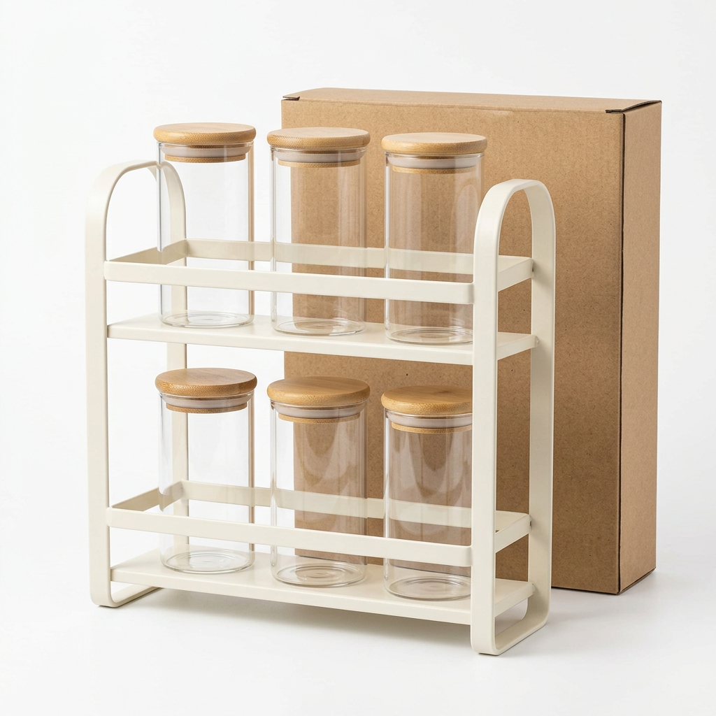 White-background spice rack concept with six clear jars and plain kraft box