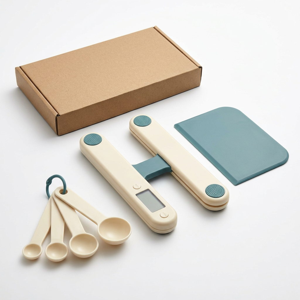White-background kitchen scale concept set with four spoons, teal scraper and unbranded carton