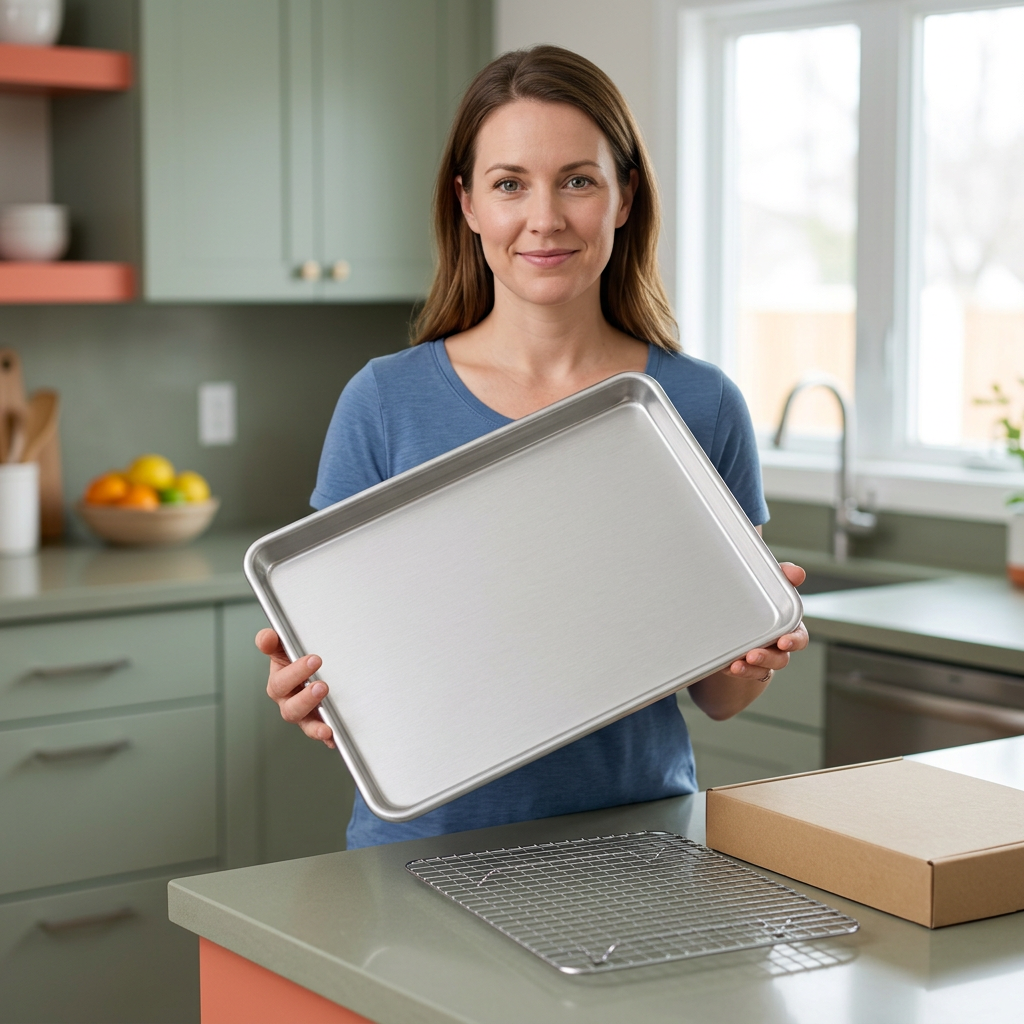 Adult female model presenting an empty unheated pan concept while the separate rack rests on the counter