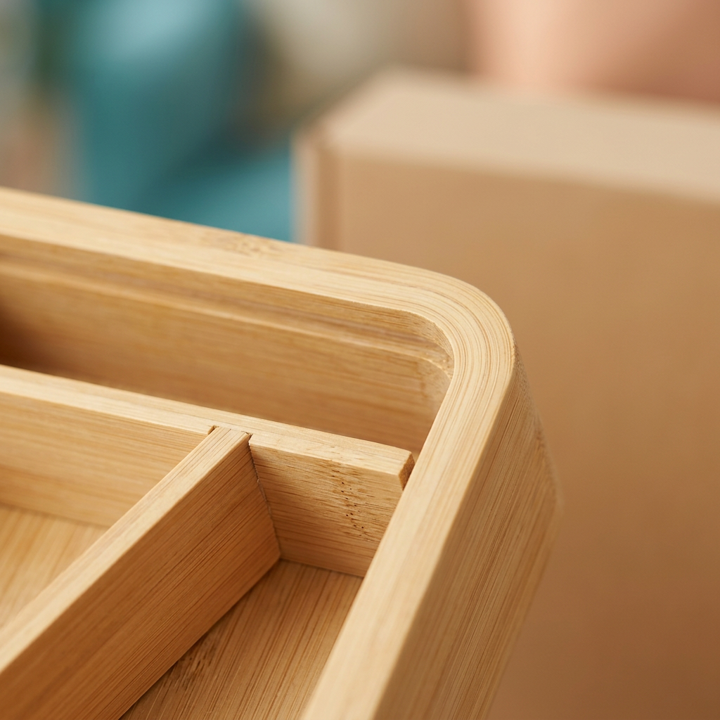 Close-up concept of rounded outer corner bamboo grain and divider joint