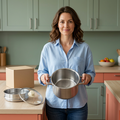 Adult female model presenting an empty unheated base pot with insert and lid resting separately