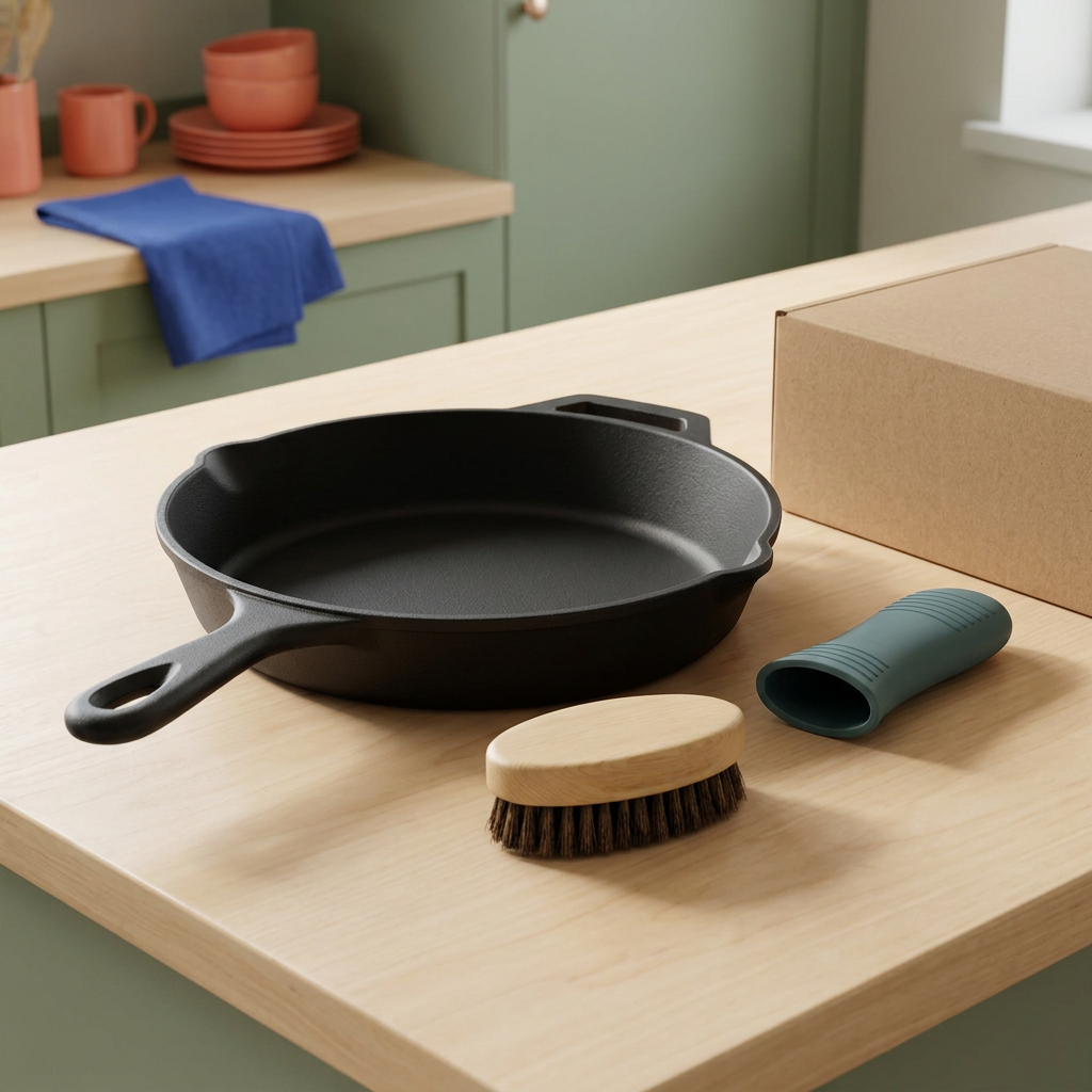 Matte black skillet concept set on a wood island with plain kraft packaging