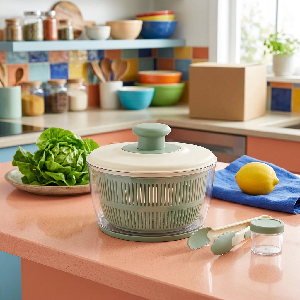 Salad spinner prep-set concept in a colorful kitchen with separate lettuce styling props