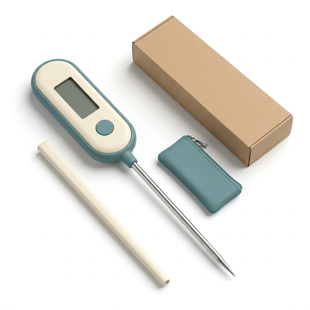 White-background concept of thermometer, probe sleeve, teal pouch and blank kraft carton