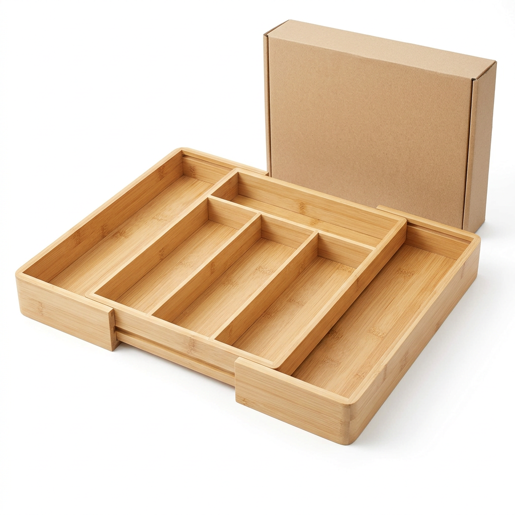 White-background expandable bamboo tray concept with blank kraft packaging