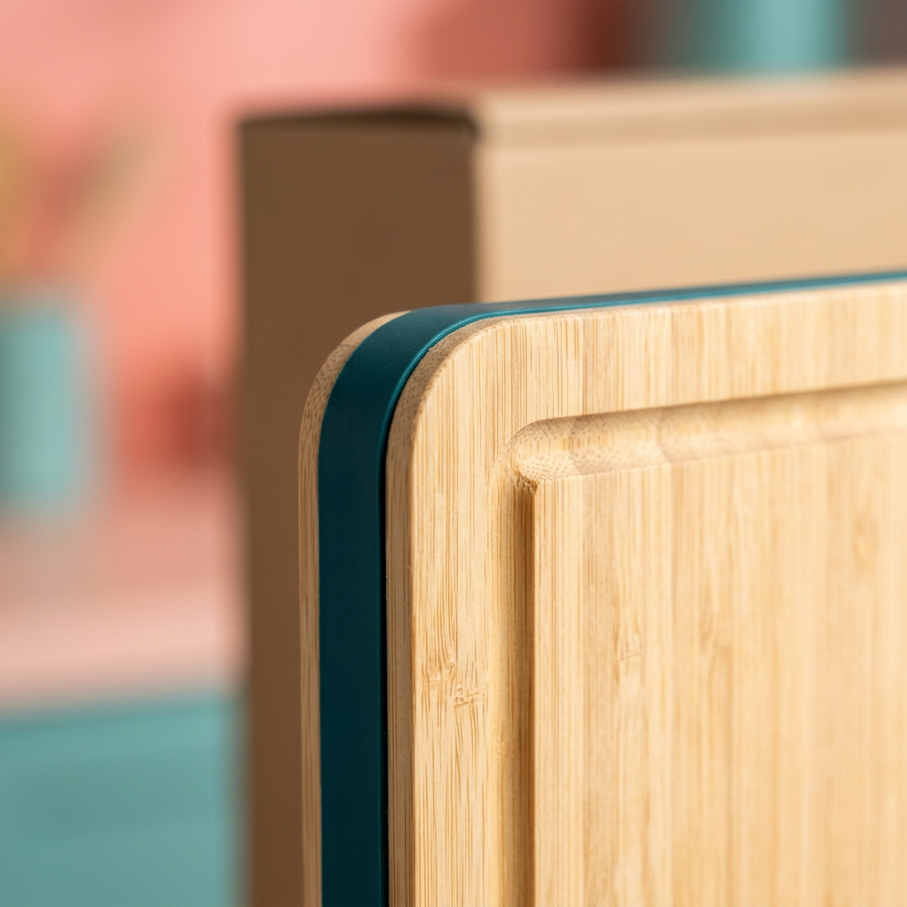 Close-up concept of pale bamboo grain rounded corner teal edging and shallow groove