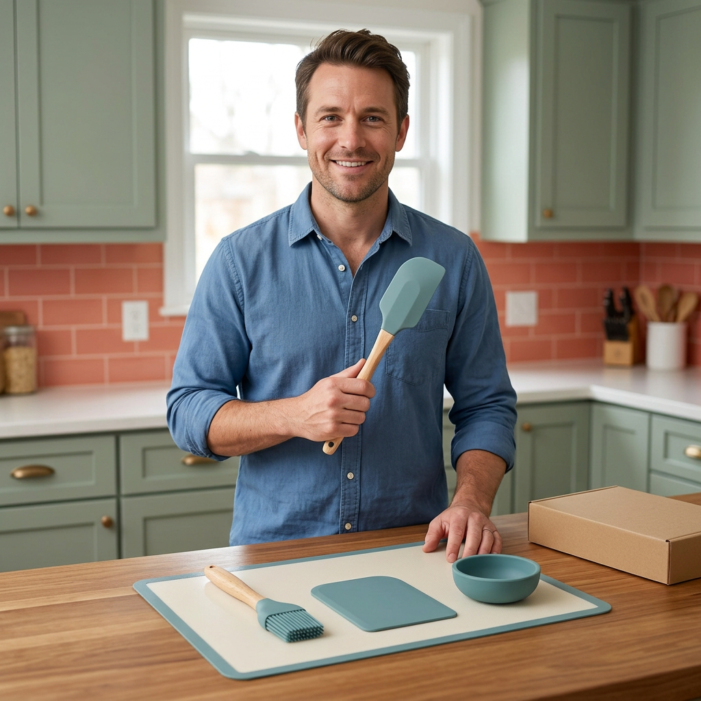 Adult male model presenting the spatula concept with the remaining four accessories on the counter