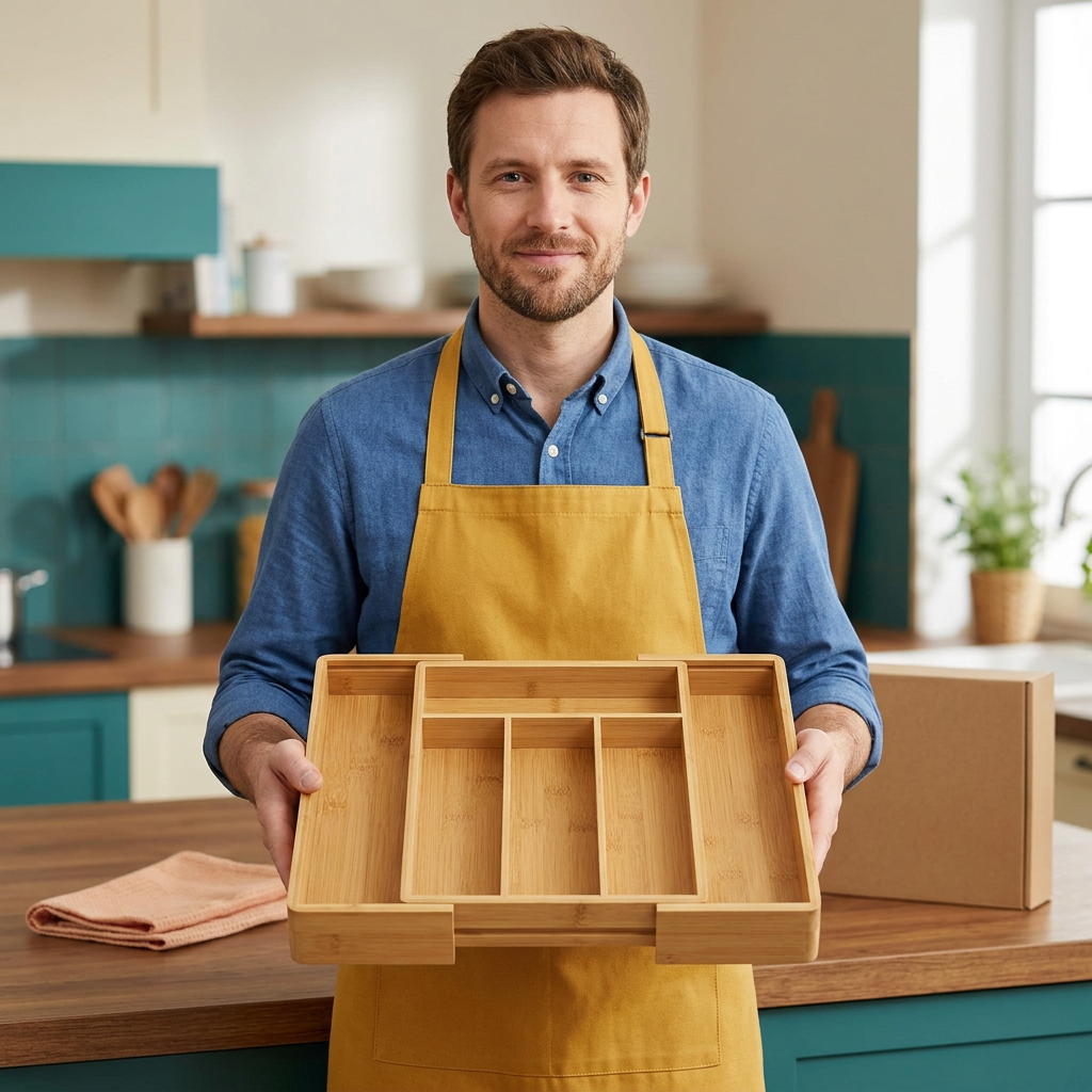Adult male model holding an empty bamboo cutlery organizer with unbranded packaging nearby
