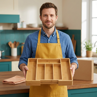 Adult male model holding an empty bamboo cutlery organizer with unbranded packaging nearby