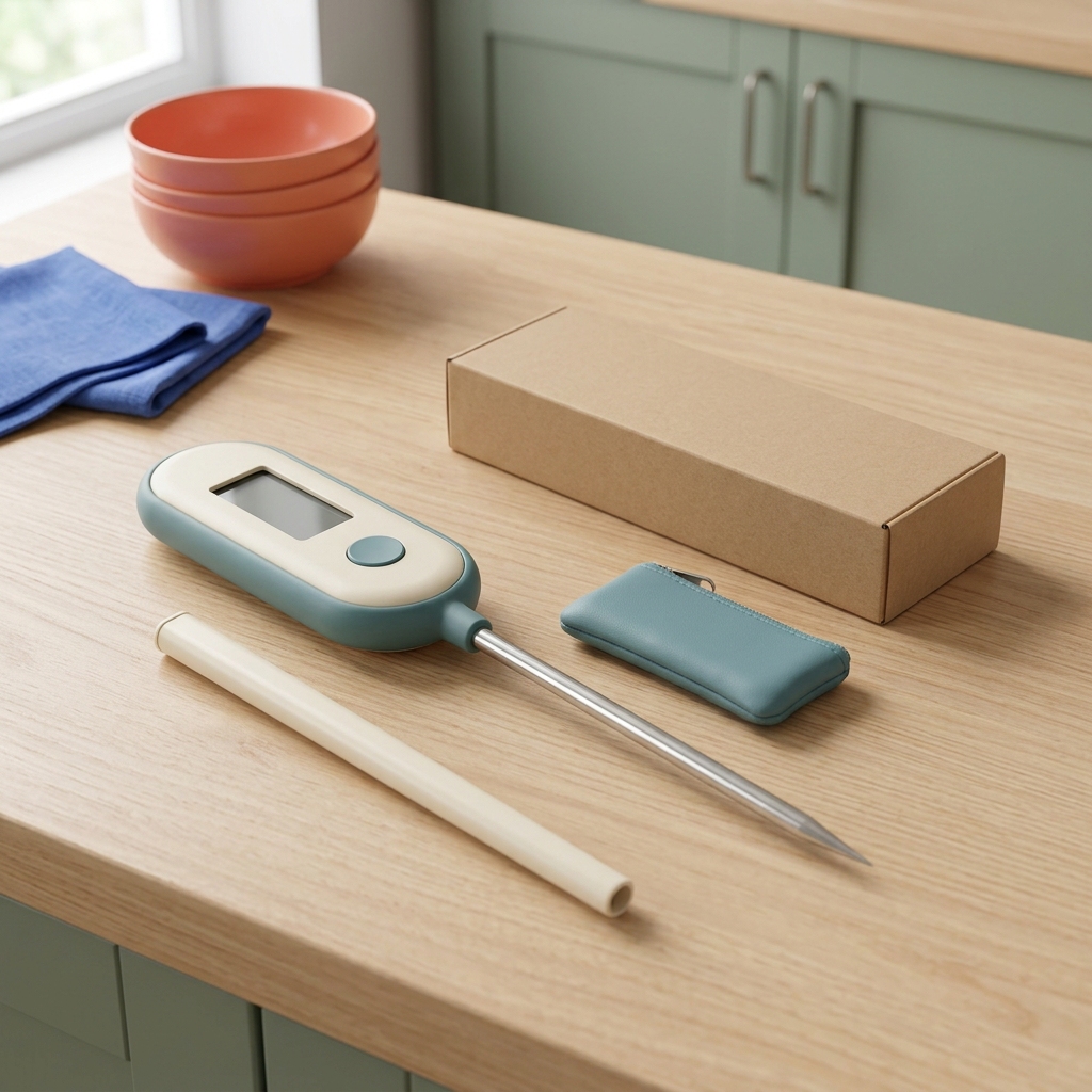 Ivory and teal thermometer concept with accessories and unbranded packaging on a wood kitchen island