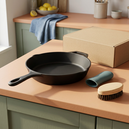 AI-generated skillet concept with separate teal handle sleeve, palm brush and unbranded kraft carton