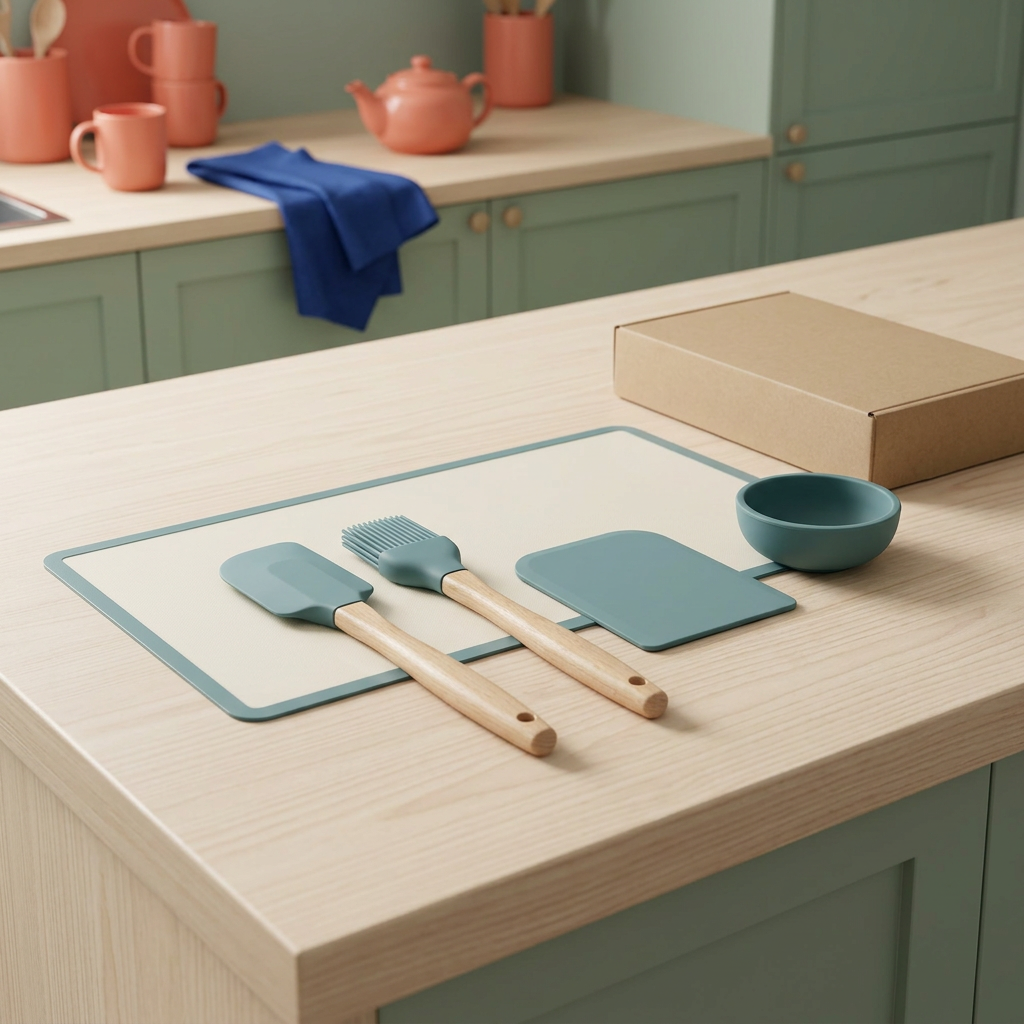 Ivory and teal baking-tool concept collection on a wood island with unbranded kraft carton