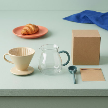 Empty pour-over coffee set concept on mint counter with breakfast props excluded