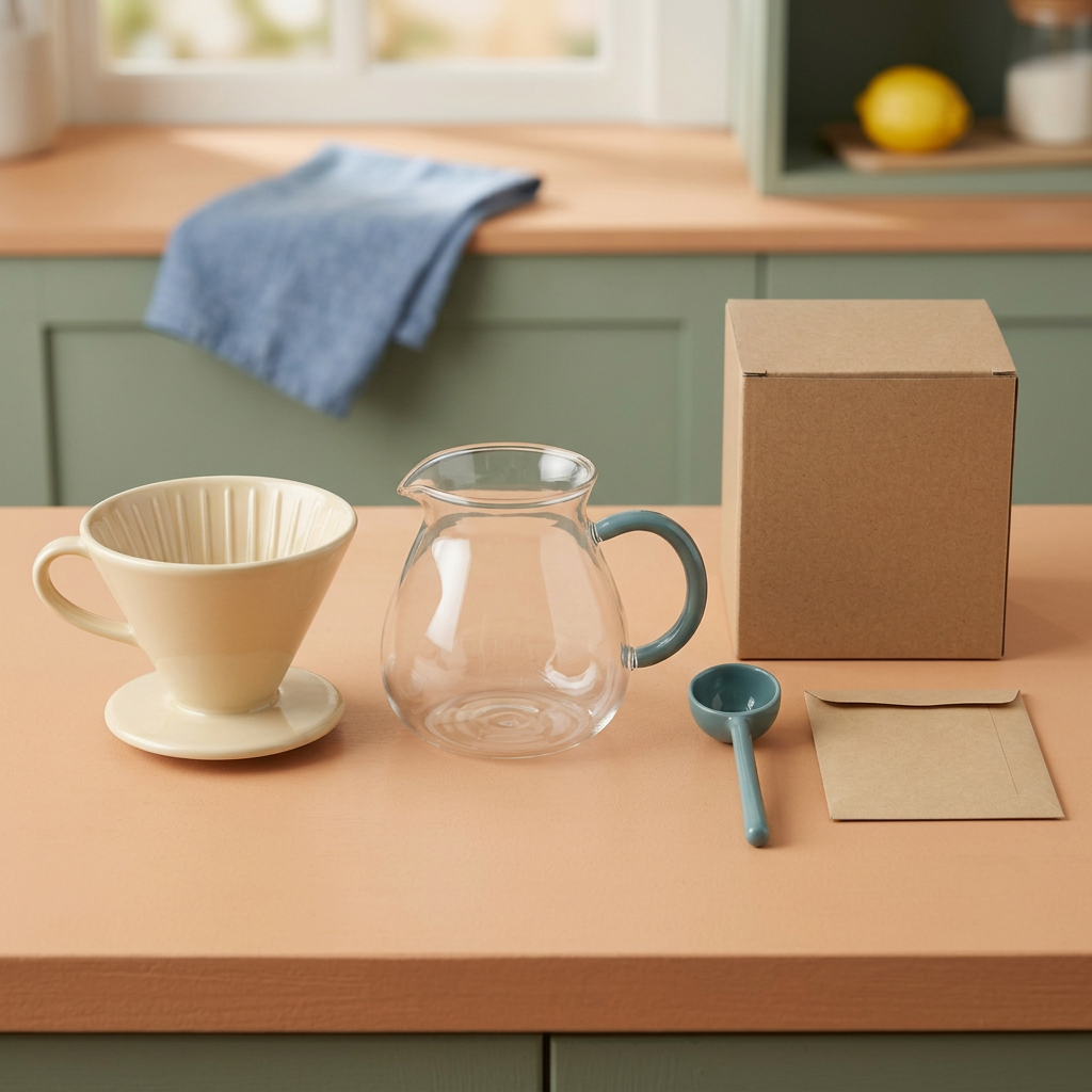 AI-generated ivory dripper, clear teal-handle server, scoop and filter envelope concept with blank carton
