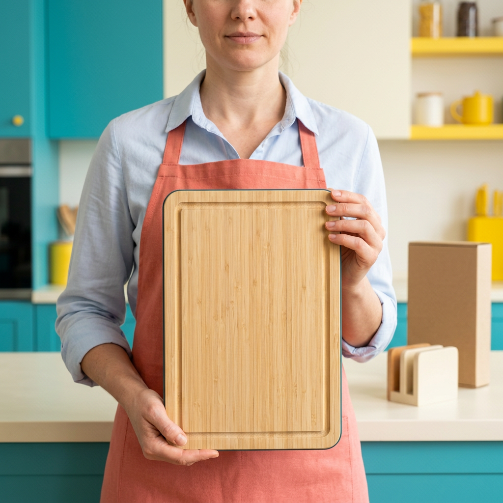 Adult female model holding one board from the proposed three-board collection