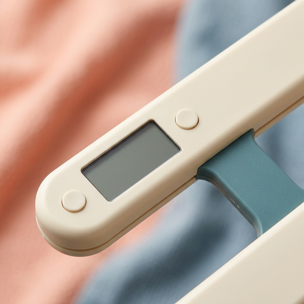 Concept close-up of blank scale display, two unmarked buttons and teal center connector