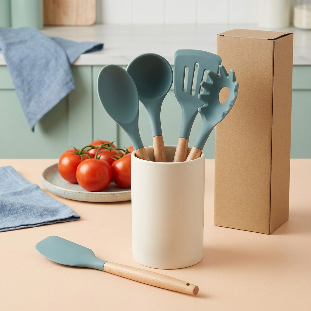Four utensil concepts in a holder with the matching solid spatula displayed separately
