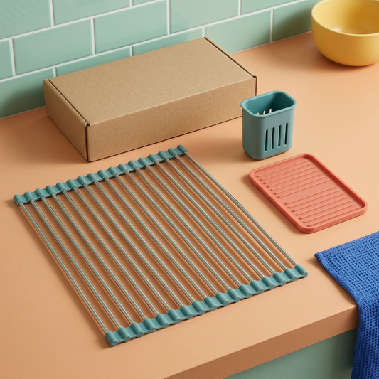 Roll-Up Over-Sink Drying Rack Set with Teal Utensil Cup & Coral Drip Mat for a Colorful, Flexible Washing-Up Space
