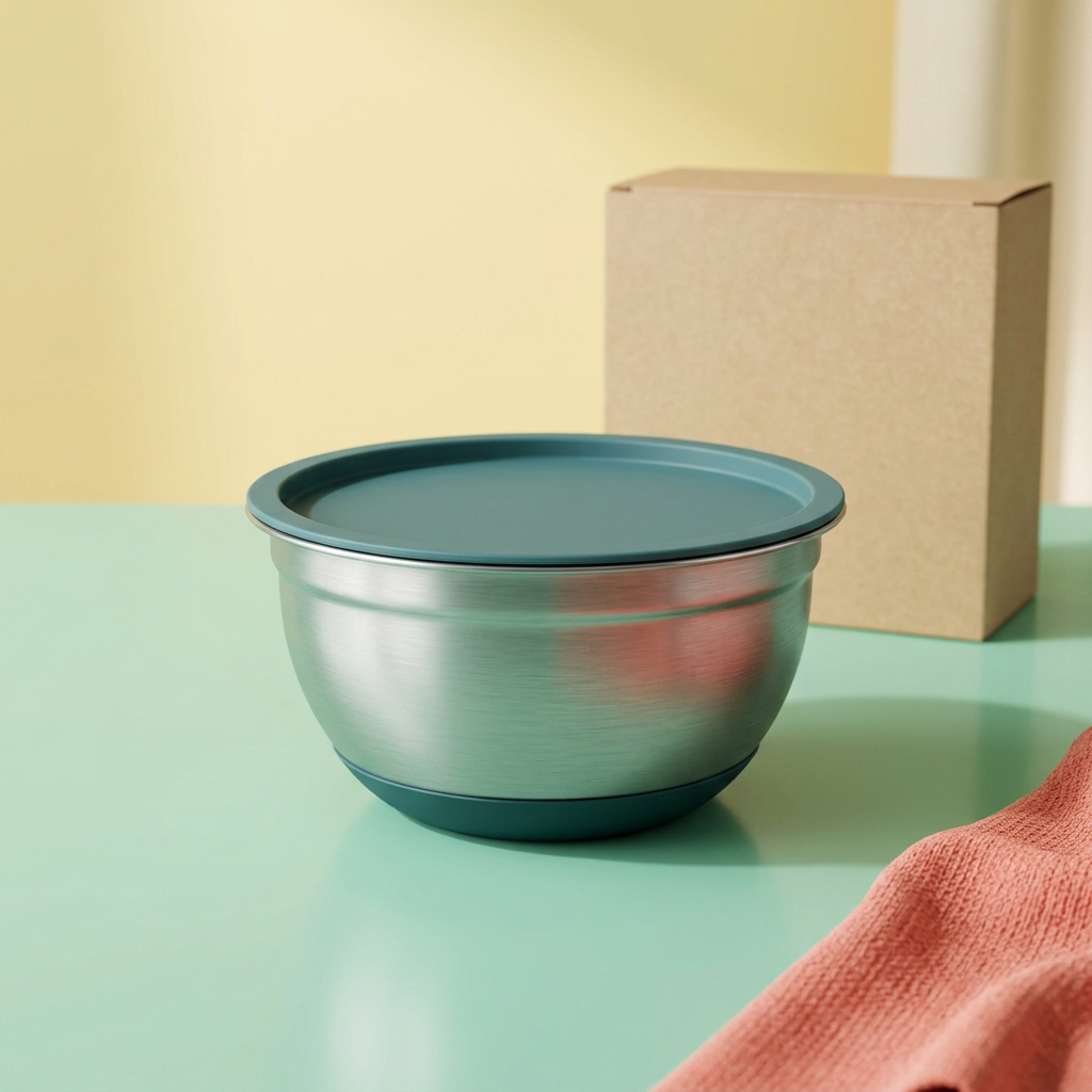 One bowl from the proposed set with its matching teal lid placed on top
