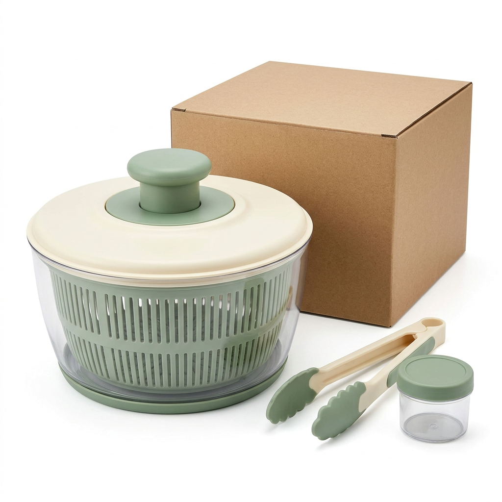 White-background concept of salad spinner prep set with unbranded kraft carton