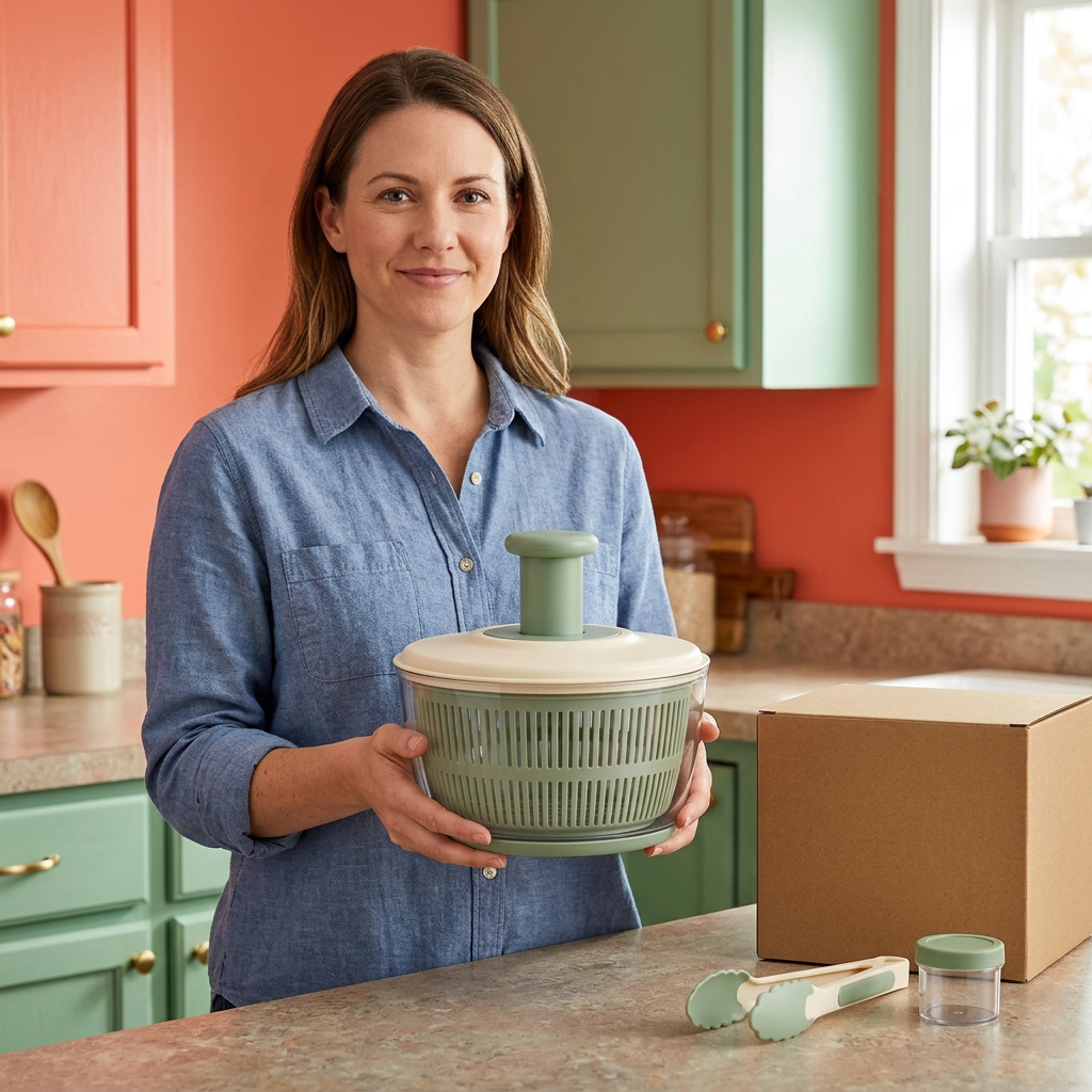 Adult female model holding an empty assembled salad spinner concept in a colorful kitchen